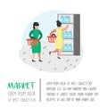 People Characters Shopping in Supermarket with Baskets Poster. Flat Cartoon Customers Woman Buying Products Royalty Free Stock Photo