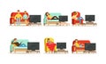 People Characters Sitting on Cozy Couch and Armchair and Watching TV Vector Illustrations Set