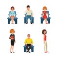 People Characters Sitting and Standing in Queue Vector Set Royalty Free Stock Photo