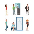 People Characters Sitting and Standing in Queue Vector Set Royalty Free Stock Photo