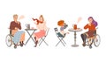 People Characters Sitting at Table in Street Cafe or Restaurant Talking and Drinking Coffee Vector Set Royalty Free Stock Photo