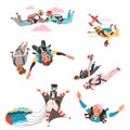 People Characters Skydiving Falling Down with Parachute and in Wingsuit Vector Set