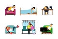 People Characters Sleeping and Snoring Lying in Bed and Sitting at Office Desk or Lounging in Armchair Vector Set Royalty Free Stock Photo