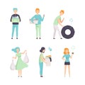 People Characters Sorting Waste and Garbage for Recycling and Reuse Vector Set