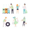 People Characters Sorting Waste and Garbage for Recycling and Reuse Vector Set