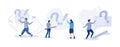 People characters standing near exclamation and question marks. Woman and man ask questions and receive answers. Frequently asked Royalty Free Stock Photo