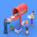 People Characters Standing Near Postbox and Sending Mails. Woman and Man Holding Envelopes Reading Letters. Royalty Free Stock Photo