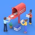 People Characters Standing Near Postbox and Sending Mails. Woman and Man Holding Envelopes Reading Letters. Royalty Free Stock Photo