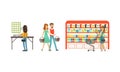 People Characters in Supermarket with Shopping Cart Buying Grocery Products Vector Illustration Set Royalty Free Stock Photo