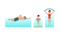 People Characters Swimming and Doing Water Sport Vector Illustration Set Royalty Free Stock Photo