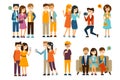 People characters taking photos of themselves in different situations set vector illustration