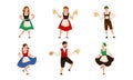 People Characters in Traditional Bavarian Costumes Carrying Beer Mug and Dancing Vector Illustration Set