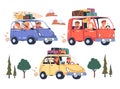 People Characters Traveling by Car with Luggage Trunks on Top Having Trip on Vacation Vector Set Royalty Free Stock Photo