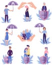 People Characters Under Umbrellas and Behind Shields as Symbol of Insurance Service for Proper Health Vector