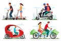 People characters use eco transport flat scene set