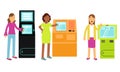 People Characters Using Electronic Self Service Terminals and ATM Machine Vector Illustration Set