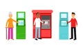 People Characters Using Electronic Self Service Terminals and ATM Machine Vector Illustration Set Royalty Free Stock Photo