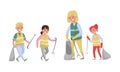 People Characters Volunteers Picking Up Litter in Sack Vector Illustration Set