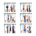 People Characters Waiting for Public Transport at Bus Stop Vector Set Royalty Free Stock Photo