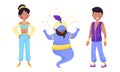People Characters Wearing Arabic Clothing with Woman in East Apparel and Jinn with Mandil on His Head Vector Set