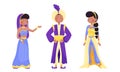 People Characters Wearing Arabic Clothing with Woman in East Apparel and Young Sheik with Mandil on His Head Vector Set