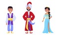 People Characters Wearing Arabic Clothing with Woman in East Apparel and Young Sheik with Mandil on His Head Vector Set