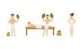 People Characters Wearing Towels Enjoying Sauna Procedures Vector Illustrations
