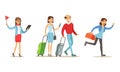 People Characters with Wheeled Suitcase Travelling Vector Set
