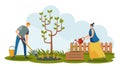 People characters working in garden. Man digging carrot with shovel, woman watering plants. Young couple growing harvest Royalty Free Stock Photo