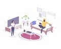 People check smart home capabilities isometric illustration. Male character with tablet testing air conditioner and TV.