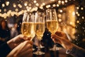 People cheers with champagne glasses at party. Christmas friends celebration