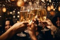 People cheers with champagne glasses at party. Christmas friends celebration