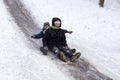 People Children ride on the winter snow sledding from hills. Winter playing, fun, snow Royalty Free Stock Photo