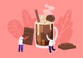 People and Chocolate Concept with Tiny Male Character Carry Huge Choco Bar, Man Stand at Cup with Cocktail Decorated