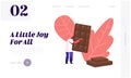 People and Chocolate Concept Website Landing Page. Tiny Male Character Carry Huge Choco Bar in Bakery Shop