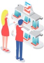 People choose smartphones or tablets. Isometric composition with customers near promotion stand