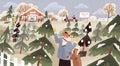 People choosing and buying firtrees at local seasonal Christmas tree farm in winter. Family at eco-friendly outdoor Xmas Royalty Free Stock Photo