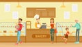 People Choosing Desserts and Buying Coffee at Bakery Shop, Male Seller Serving Customers at Confectionery Vector Royalty Free Stock Photo