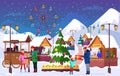 People at Christmas fair flat vector illustration. Outdoor entertainment festival, holiday celebration. Amusement park Royalty Free Stock Photo