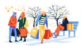 People with Christmas gifts in boxes and shopping bags for winter holidays. Men and women carry New Year presents on the street.