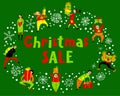 People with Christmas gifts. Christmas sale lettering. Group of