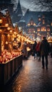 People in Christmas market, an illuminated street. Festive new year lights.