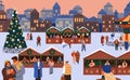 People at Christmas market in Old town. Happy couples, families, kids shopping at street fair on winter holidays. Europe Royalty Free Stock Photo