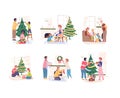 People christmas preparation. Happy family decorate tree, guy girl children preparing home new year party, couple