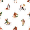People on Christmas street, seamless pattern. Happy characters with gifts on winter holiday, endless background design Royalty Free Stock Photo