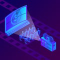 People in cinema watching movie. Vector isometric neon gradients illustration. Film festival and entertainment concept