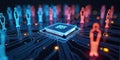 People on a circuit board,digital dependents who rely heavily on digital technologies and the internet in their lives