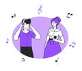People in circular border vector illustration. Music listening enjoyment, pleasure, positive emotions. Young couple with