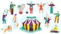 People in circus performance vector illustration set, cartoon flat fun active artist character performing magic show