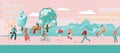 People city flat pink composition, woman and girl go in for sports, city road for cycling and hiking, cartoon vector